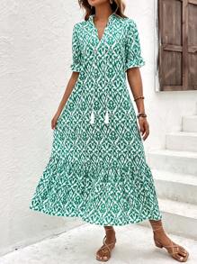 SHEIN LUNE Allover Print Flare Sleeve Ruffle Hem Dress - Green - View 5