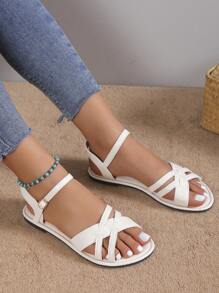 Women Minimalist Ankle Strap Sandals, Elegant Summer Flat Sandals - White - View 2