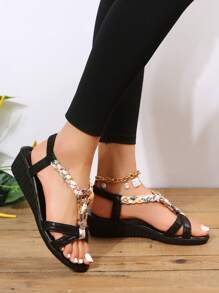 Phụ nữ Rhinestone Decor Braid Chi tiết Xăng-đan đế xuồng quai hậu, Xăng-đan đi nghỉ mùa hè - màu đen - Xem 1