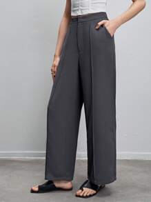 BizChic Chất rắn Túi nghiêng quần ống rộng Quần tây Trang phục làm việc - Màu xám đen - Xem 3