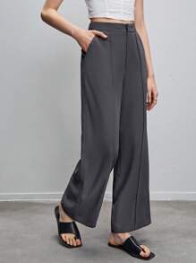 BizChic Chất rắn Túi nghiêng quần ống rộng Quần tây Trang phục làm việc - Màu xám đen - Xem 5