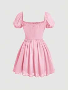 SHEIN MOD 實心褶皺胸部泡泡袖牛奶女僕裙 - 淺粉色 - 查看 2