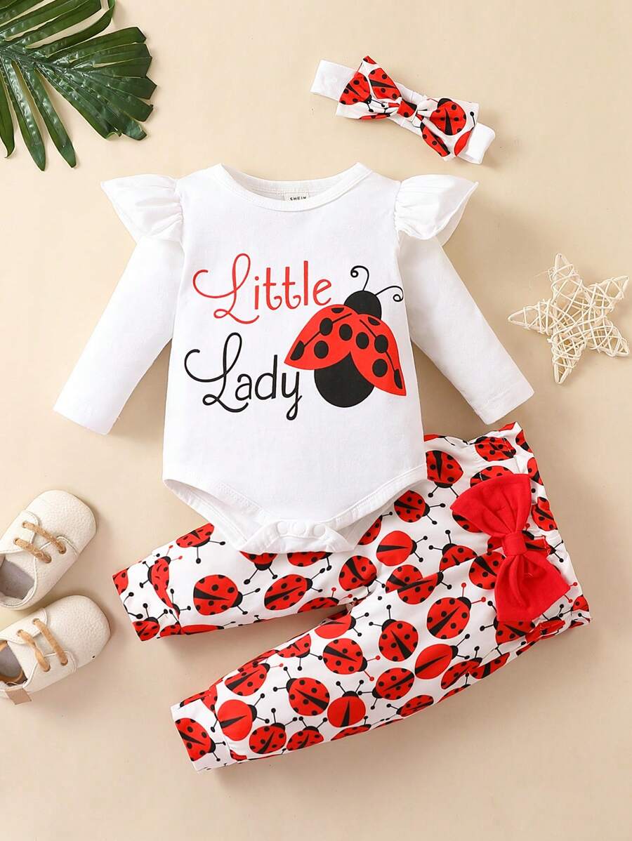 Baby Ladybug & Letter Graphic Ruffle Trim Bodysuit & Sweatpants & Headband - Red and White - View 1