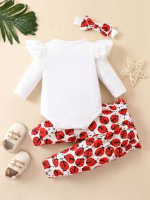 Baby Ladybug & Letter Graphic Ruffle Trim Bodysuit & Sweatpants & Headband - Red and White - View 2