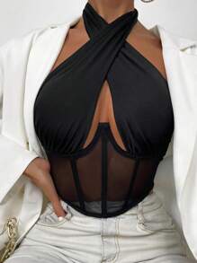 SHEIN SXY Contrast Mesh Cut Out Halter Top - Black - View 1