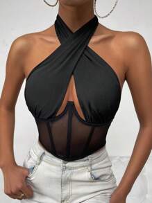 SHEIN SXY Contrast Mesh Cut Out Halter Top - Black - View 3