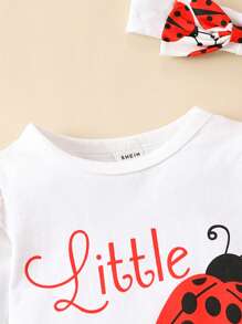 Baby Ladybug & Letter Graphic Ruffle Trim Bodysuit & Sweatpants & Headband - Red and White - View 5
