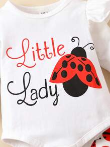 Baby Ladybug & Letter Graphic Ruffle Trim Bodysuit & Sweatpants & Headband - Red and White - View 7