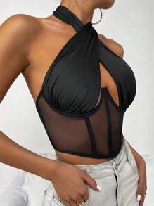 SHEIN SXY Contrast Mesh Cut Out Halter Top - Black - View 5