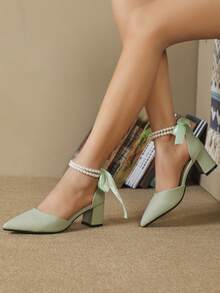 女性人造珍珠和蝴蝶結裝飾尖頭粗跟時尚踝帶高跟單鞋適用於戶外 - 薄荷綠 - 查看 5