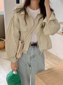 素色落肩袖抽繩下擺翻蓋口袋襯衫 - 杏色 - 查看 1