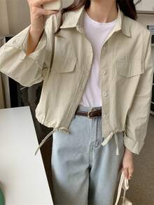 素色落肩袖抽繩下擺翻蓋口袋襯衫 - 杏色 - 查看 3