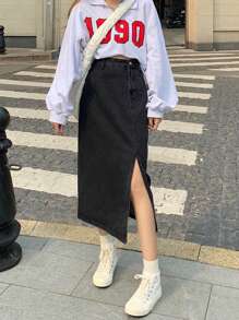 素色下擺開叉牛仔半身裙 - 黑色 - 查看 1