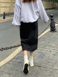 素色下擺開叉牛仔半身裙 - 黑色 - 查看 3