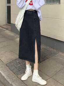 素色下擺開叉牛仔半身裙 - 黑色 - 查看 4