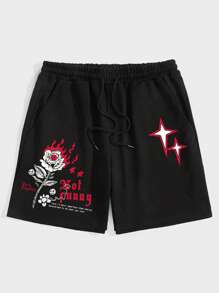 ROMWE MEN Guys Slogan & Cartoon Floral Graphic Drawstring Waist Shorts - Black - View 1