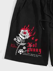 ROMWE MEN Guys Slogan & Cartoon Floral Graphic Drawstring Waist Shorts - Black - View 5