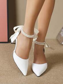 女士仿珍珠蝴蝶结装饰高跟鞋，尖头粗跟时尚踝带高跟鞋，适合户外、优雅、婚礼等场合 - 白色 - 查看 5