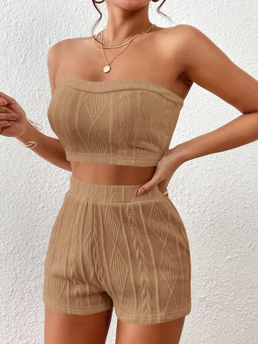 SHEIN Essnce 素色抹胸上衣和短褲 - 卡其色 - 查看 1