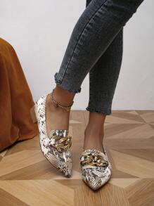 女性隨機蛇皮壓花鏈條裝飾尖頭平底時尚戶外平底鞋 - 彩色 - 查看 4