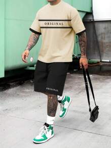 Manfinity Homme 男士字母圖案T恤和腰部抽繩短褲 - 彩色 - 查看 4