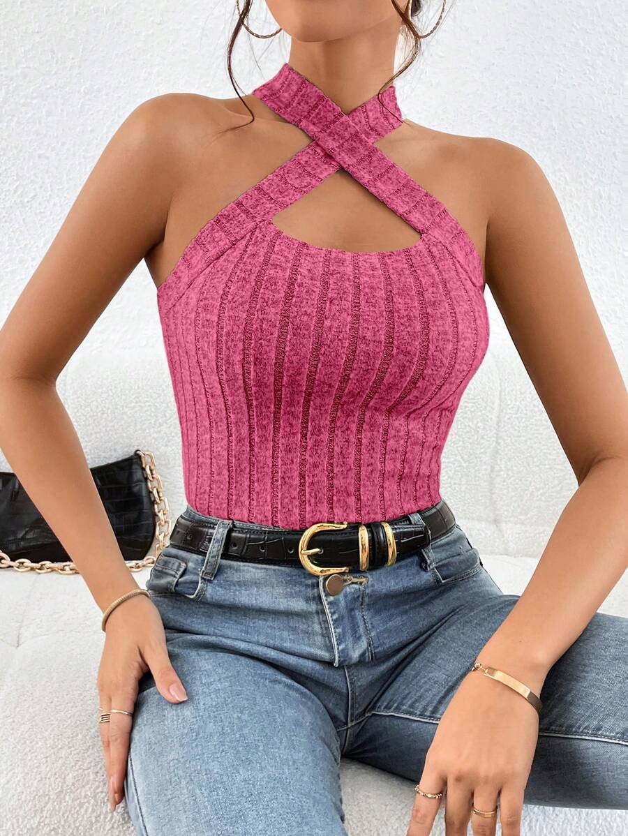 SHEIN Essnce Rib-knit Crisscross Halter Top - Hot Pink - View 1