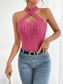 SHEIN Essnce Rib-knit Crisscross Halter Top - Hot Pink - View 5