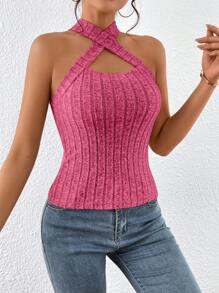 SHEIN Essnce Rib-knit Crisscross Halter Top - Hot Pink - View 6