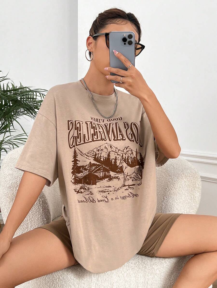 SHEIN EZwear 山和字母圖案落肩T恤