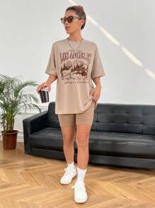 SHEIN EZwear 山和字母圖案落肩T恤