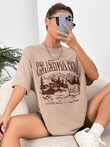 SHEIN EZwear 山和字母圖案落肩T恤