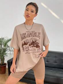 SHEIN EZwear 山和字母圖案落肩T恤