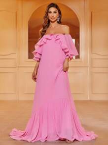 一字肩荷葉邊雪紡洋裝 - 粉色 - 查看 1