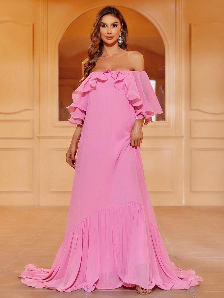 一字肩荷葉邊雪紡洋裝 - 粉色 - 查看 1