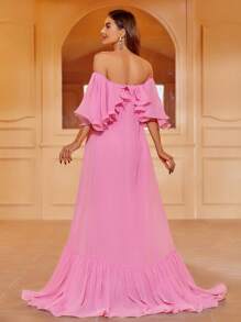 一字肩荷葉邊雪紡洋裝 - 粉色 - 查看 2