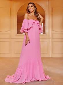 一字肩荷葉邊雪紡洋裝 - 粉色 - 查看 3