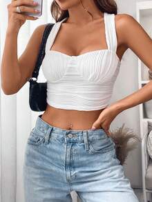 Solid Ruched Bust Crop Top - White - View 5