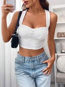 Solid Ruched Bust Crop Top - White - View 6