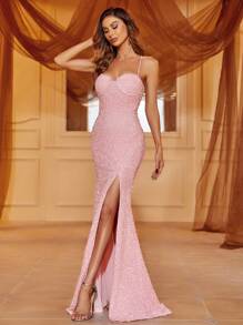Split Thigh Sequin Cami Formal Dress - Pink - View 2