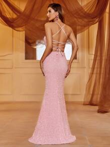 Split Thigh Sequin Cami Formal Dress - Pink - View 3