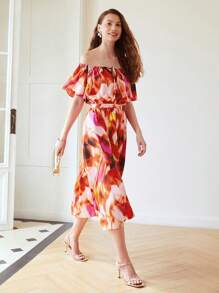 MOTF PREMIUM 紮染一字肩連衣裙 - 彩色 - 查看 7