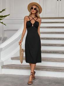 EURMUSE 素色前交叉吊帶連衣裙