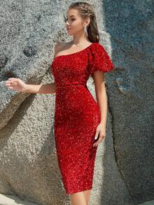 One Shoulder Sequin Bodycon Dress - Red - View 5