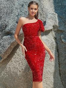 One Shoulder Sequin Bodycon Dress - Red - View 6