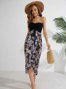 熱帶圖案前抽繩抹胸連衣裙 - 紫色 - 查看 1