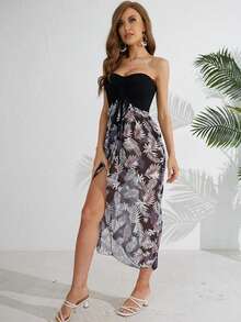 熱帶圖案前抽繩抹胸連衣裙 - 紫色 - 查看 4