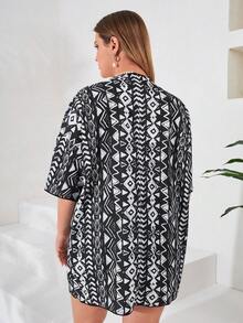 Kimono con estampado geométrico con parte delantera abierta - Negro - Ver 2