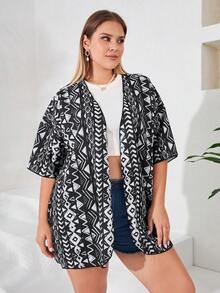 Kimono con estampado geométrico con parte delantera abierta - Negro - Ver 4