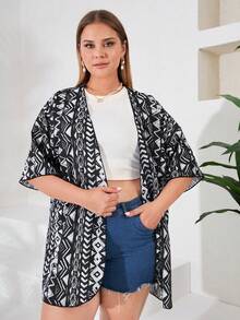 Kimono con estampado geométrico con parte delantera abierta - Negro - Ver 5
