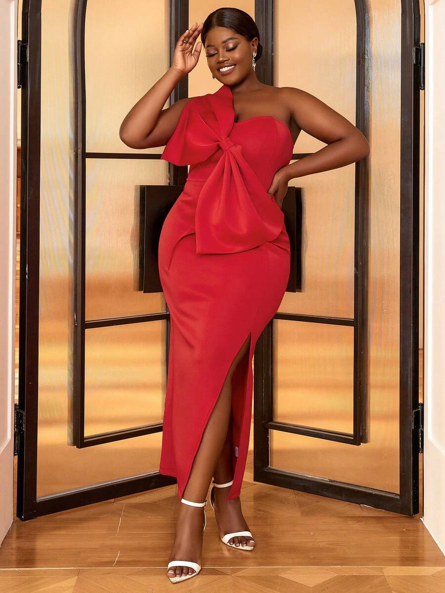 Vestido de un hombro con lazo grande delantero de muslo con abertura - Rojo - Ver 1